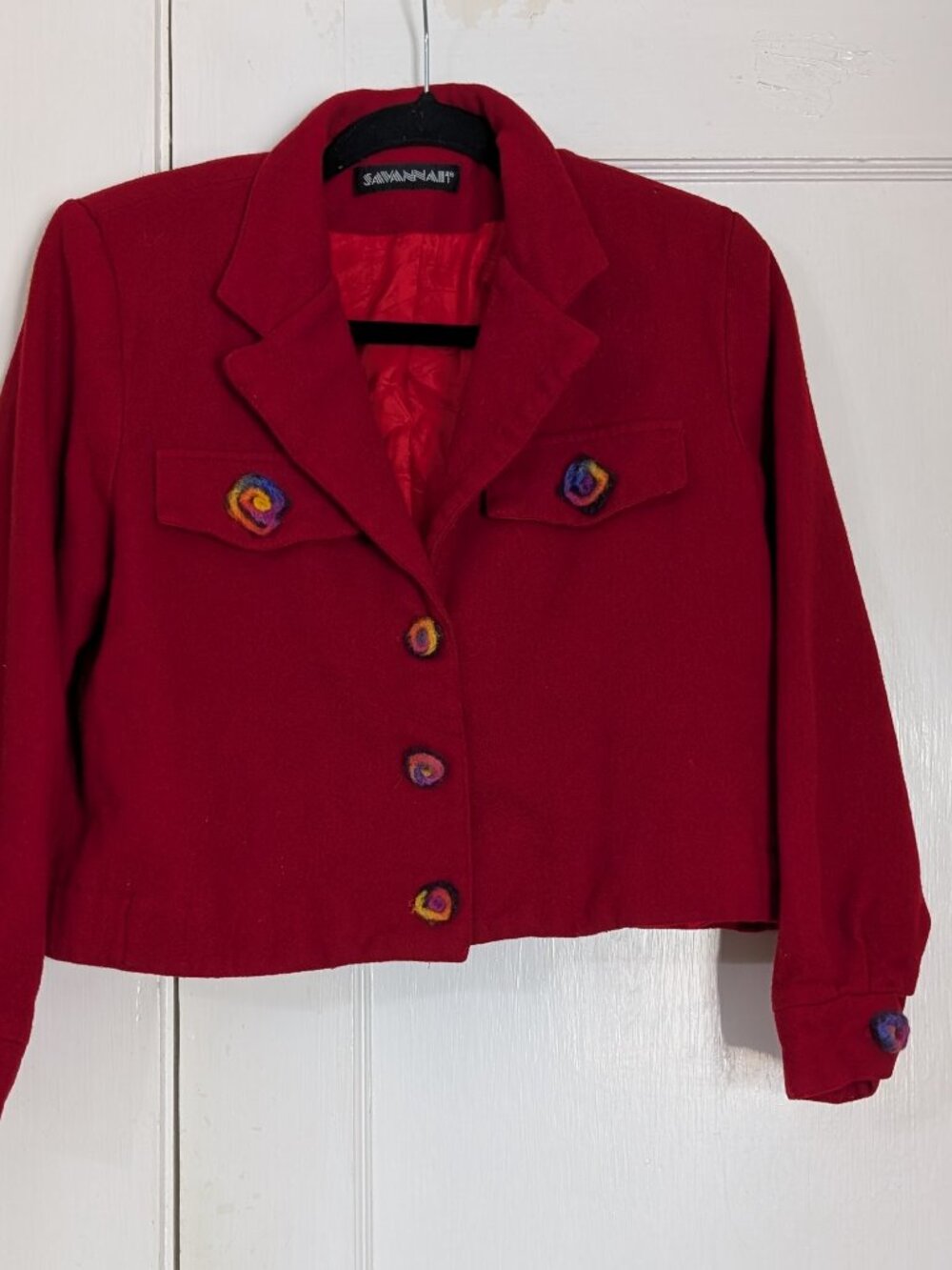 Vintage USA Savannah Red Jacket Women's Size 4 Artsy Blazer Funky Buttons Wool
